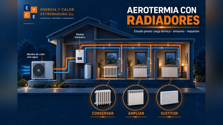 Infografía sobre aerotermia con radiadores en una vivienda de Extremadura