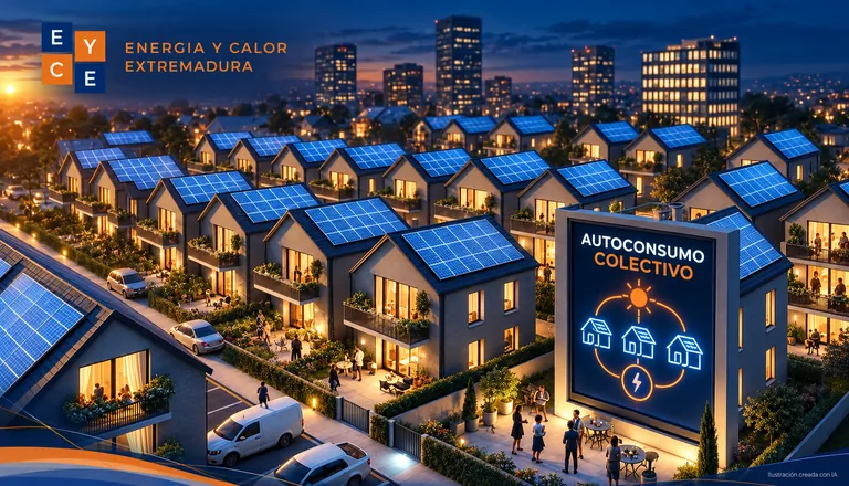 Autoconsumo colectivo: barrio de viviendas con placas solares compartiendo la energía generada