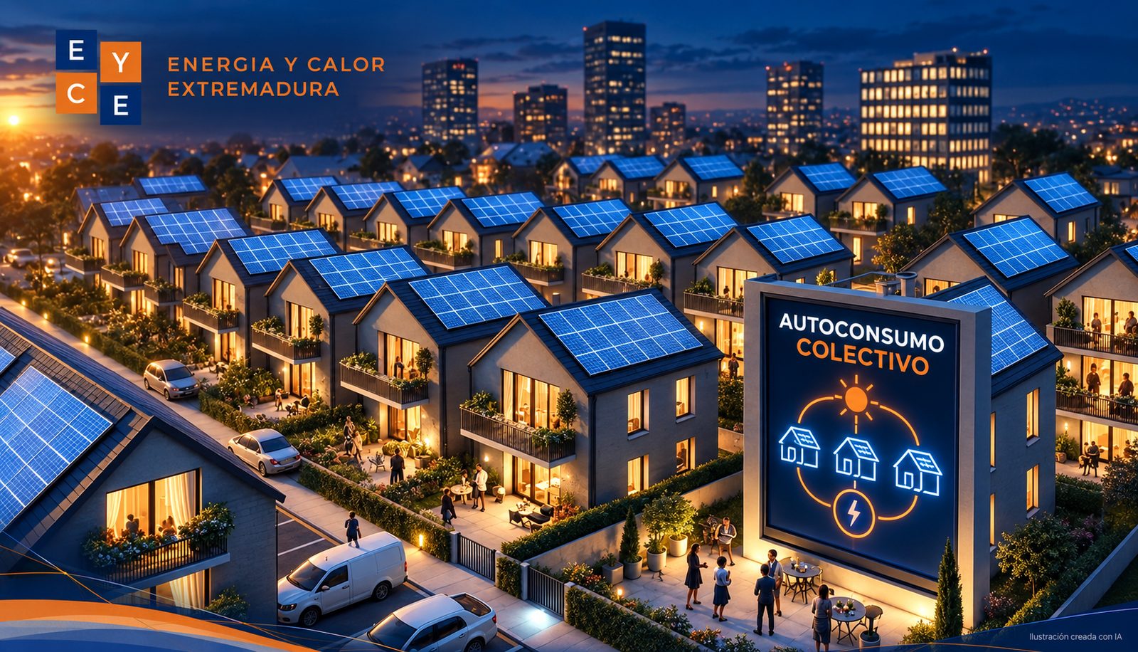Autoconsumo colectivo: barrio de viviendas con placas solares compartiendo la energía generada