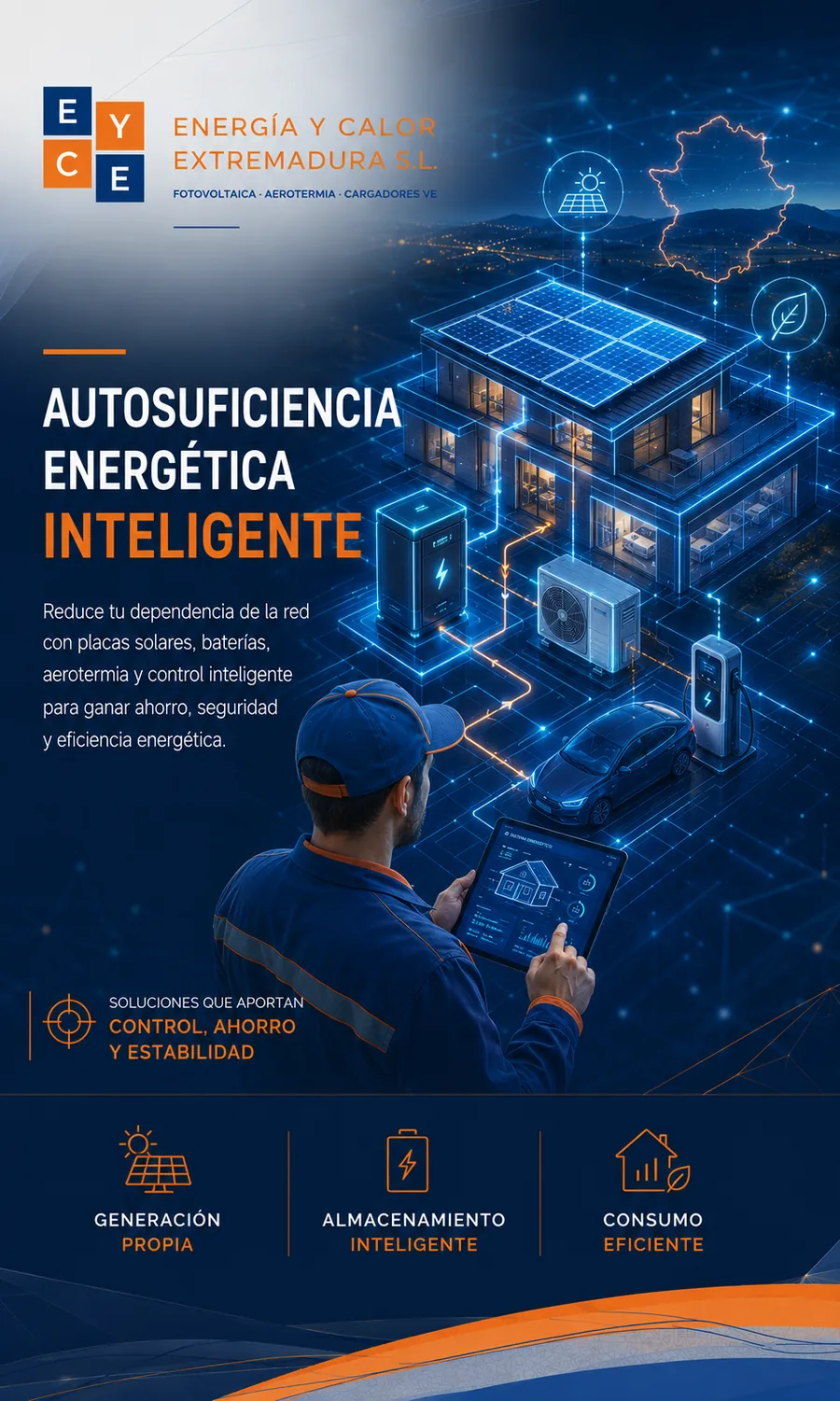 Infografía de autosuficiencia energética inteligente: generación propia, almacenamiento inteligente y consumo eficiente — Energía y Calor Extremadura