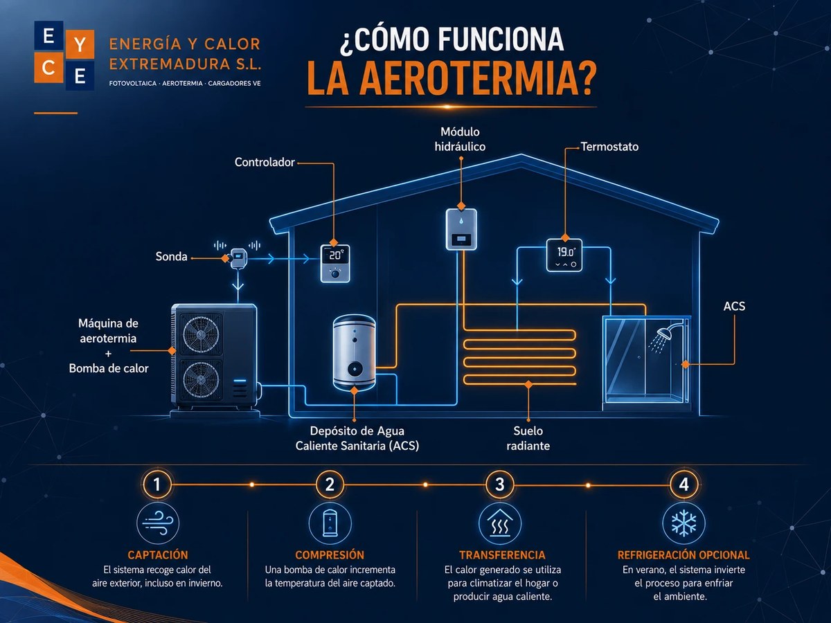 Infografía de una instalación de aerotermia con unidad exterior, módulo hidráulico, depósito de ACS, suelo radiante y las cuatro fases del ciclo