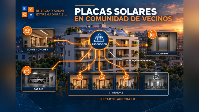 Esquema de autoconsumo con placas solares en una comunidad de vecinos