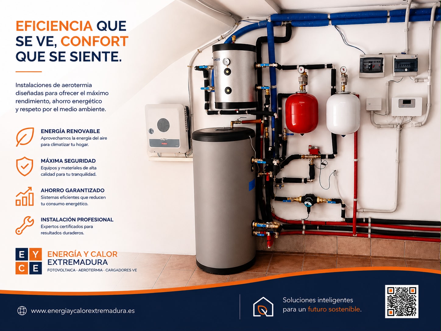Instalación completa de aerotermia — caldera, acumulador y circuito hidráulico — eficiencia energética en Extremadura