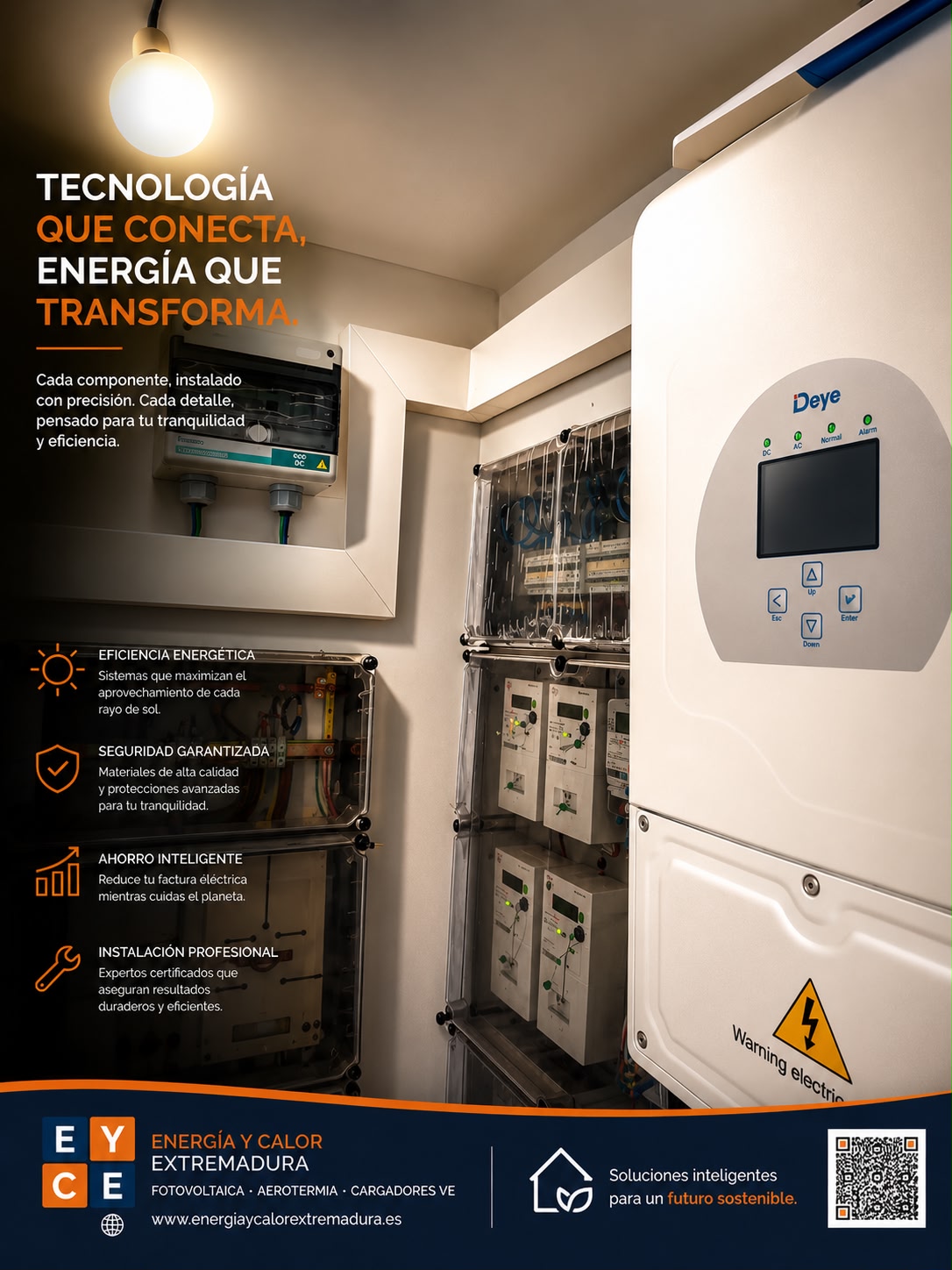 Cuadro eléctrico con inversor fotovoltaico instalado por Energía y Calor Extremadura — tecnología y precisión