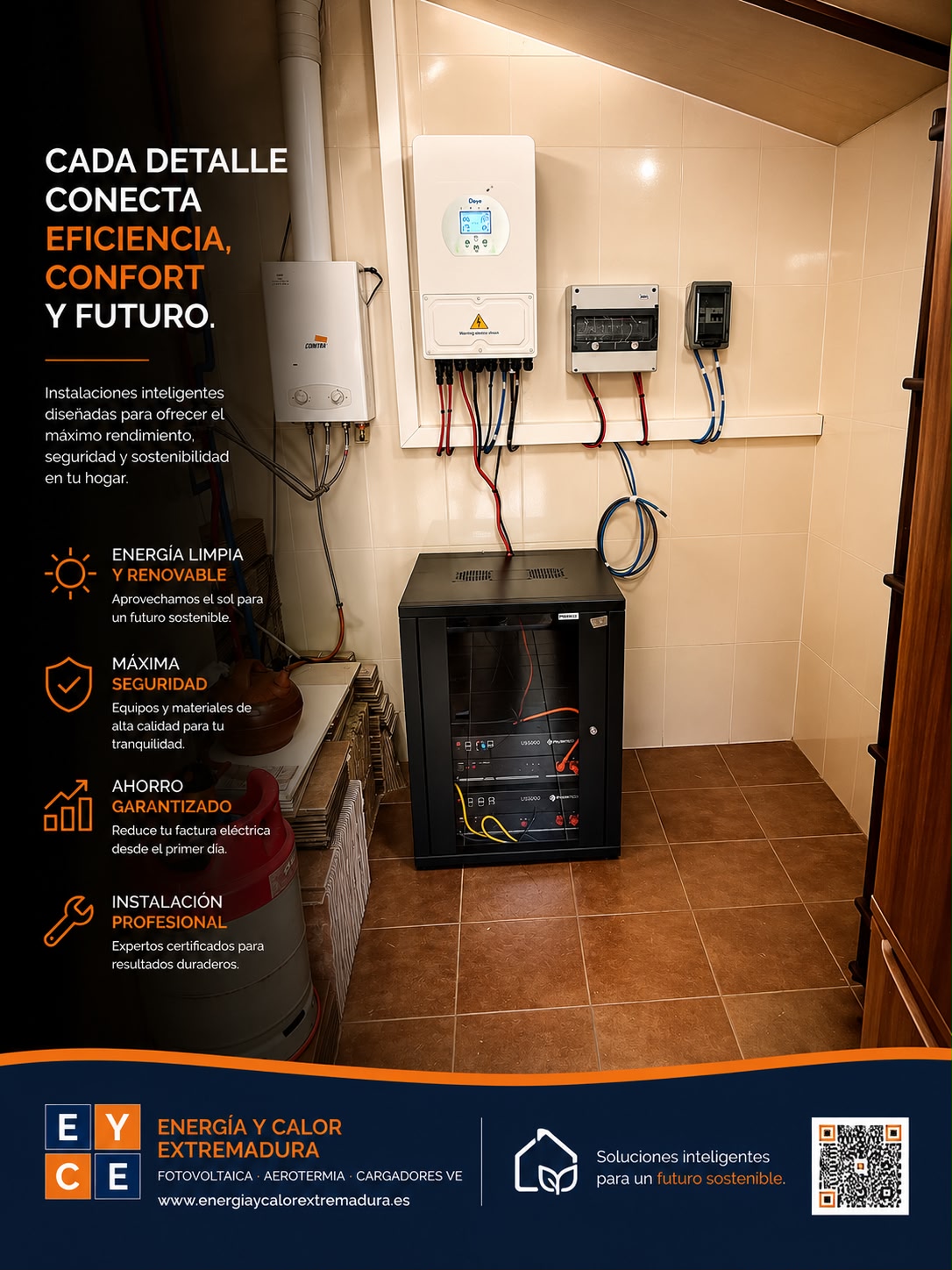 Sistema fotovoltaico completo con inversor y batería de acumulación instalado por Energía y Calor Extremadura