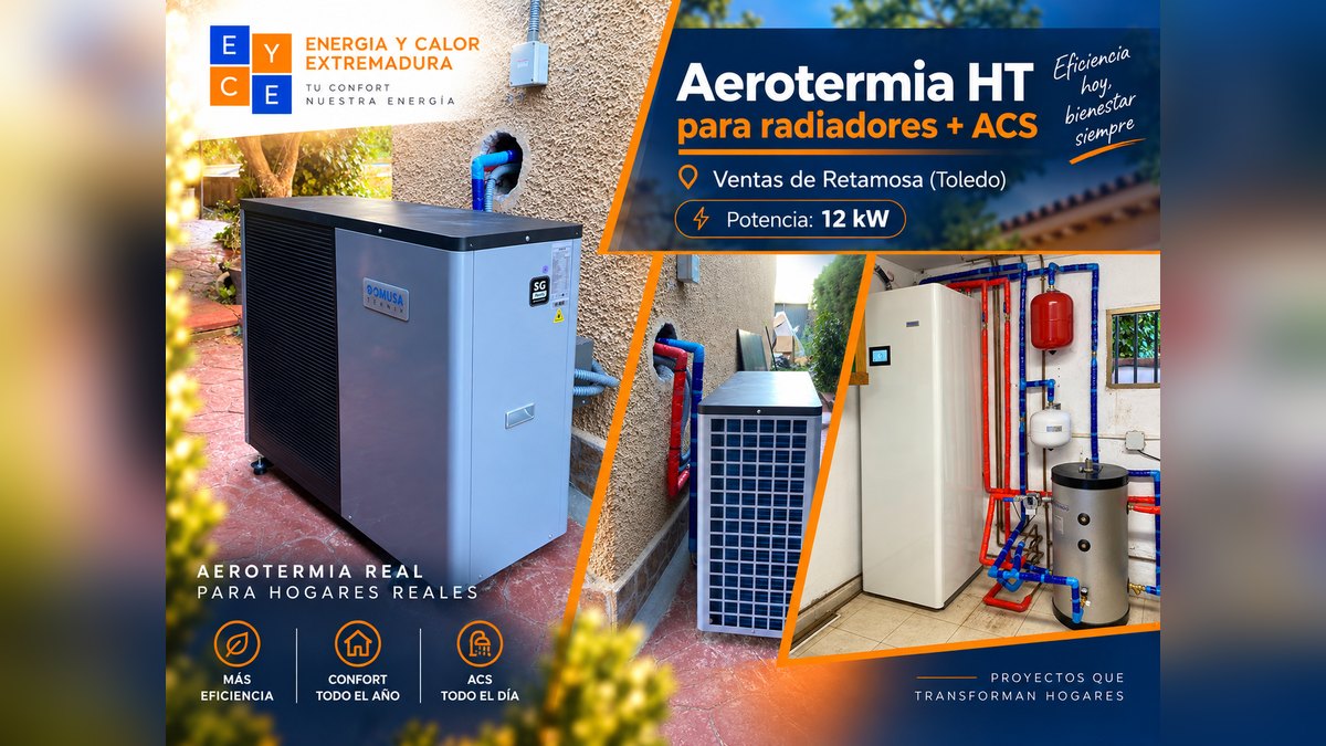 Instalación de aerotermia HT de 12 kW con radiadores y ACS en Ventas de Retamosa (Toledo), con unidad exterior DOMUSA TEKNIK