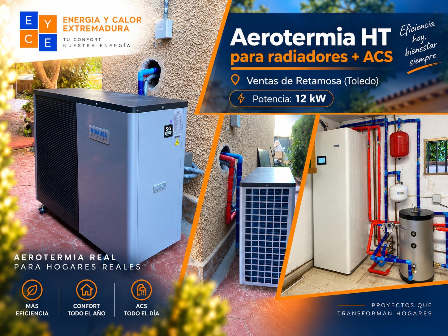 Instalación de aerotermia HT de 12 kW en Ventas de Retamosa (Toledo): unidad exterior DOMUSA TEKNIK y conjunto hidráulico interior con acumulación, vasos de expansión y valvulería