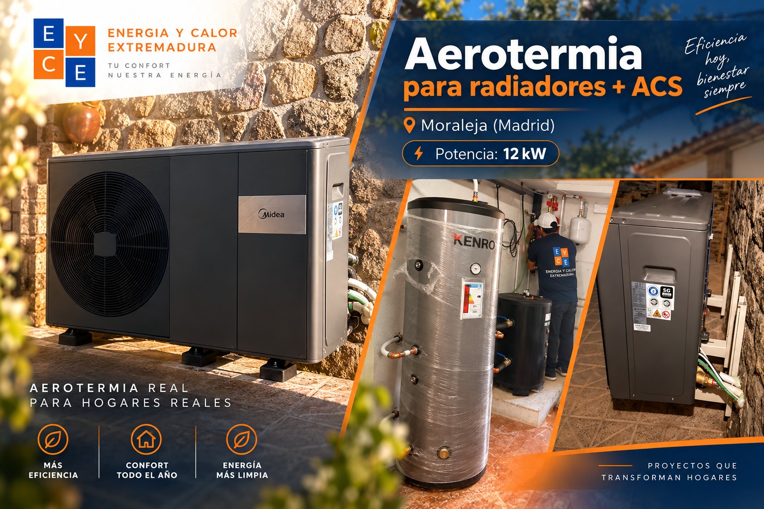 Instalación de aerotermia de 12 kW para radiadores y ACS en Moraleja: unidad exterior Midea y acumulador Kenro — Energía y Calor Extremadura