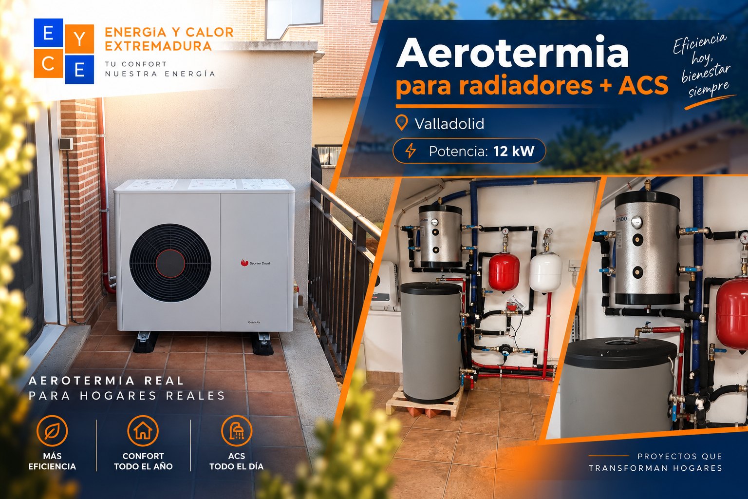 Instalación de aerotermia de 12 kW para radiadores y ACS en Valladolid, con unidad exterior Saunier Duval GeniaAir — Energía y Calor Extremadura