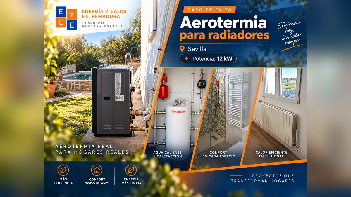 Instalación de aerotermia de 12 kW para calefacción por radiadores en una vivienda de Sevilla