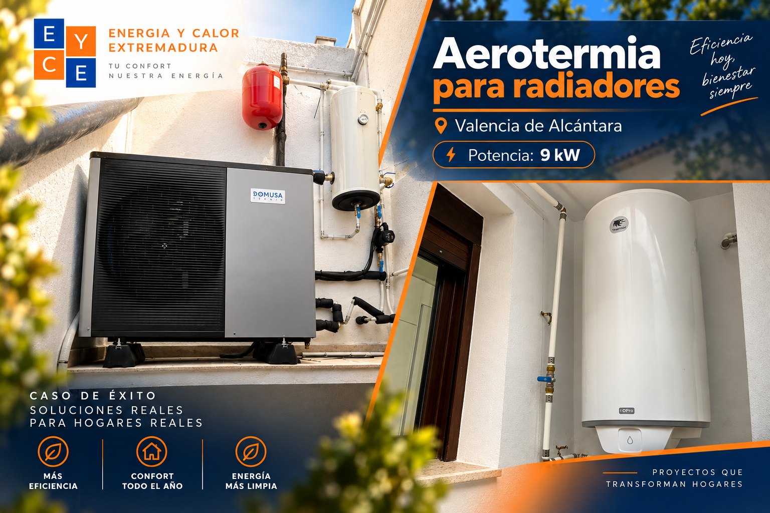Instalación de aerotermia de 9 kW para radiadores en una vivienda de Valencia de Alcántara, Cáceres — Energía y Calor Extremadura