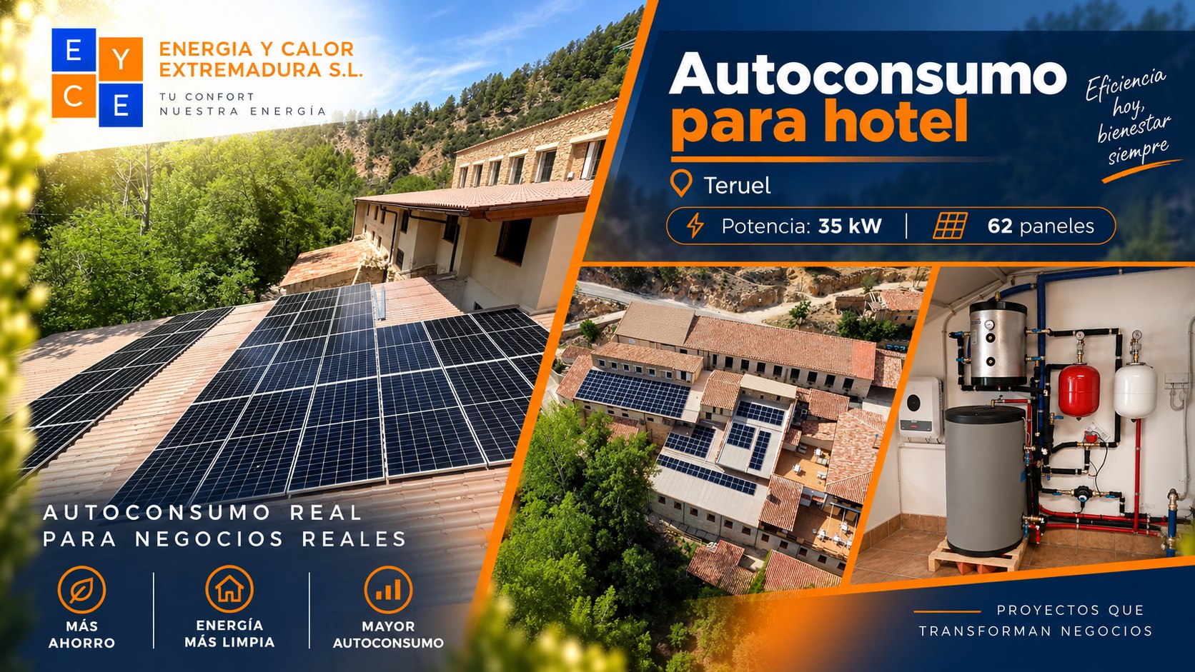 Instalación fotovoltaica de autoconsumo para un hotel en Teruel: 62 paneles repartidos sobre varias cubiertas inclinadas del complejo, en vista aérea