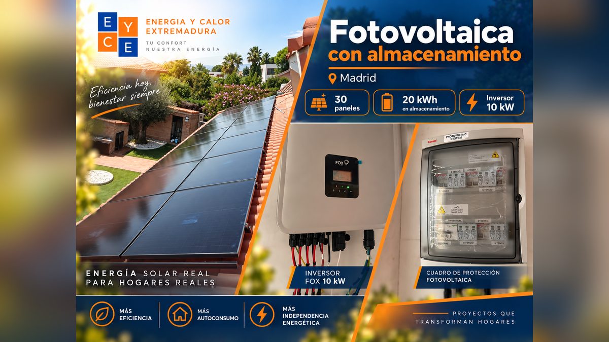 Instalación fotovoltaica en Madrid con 30 paneles, 20 kWh de almacenamiento e inversor Fox de 10 kW