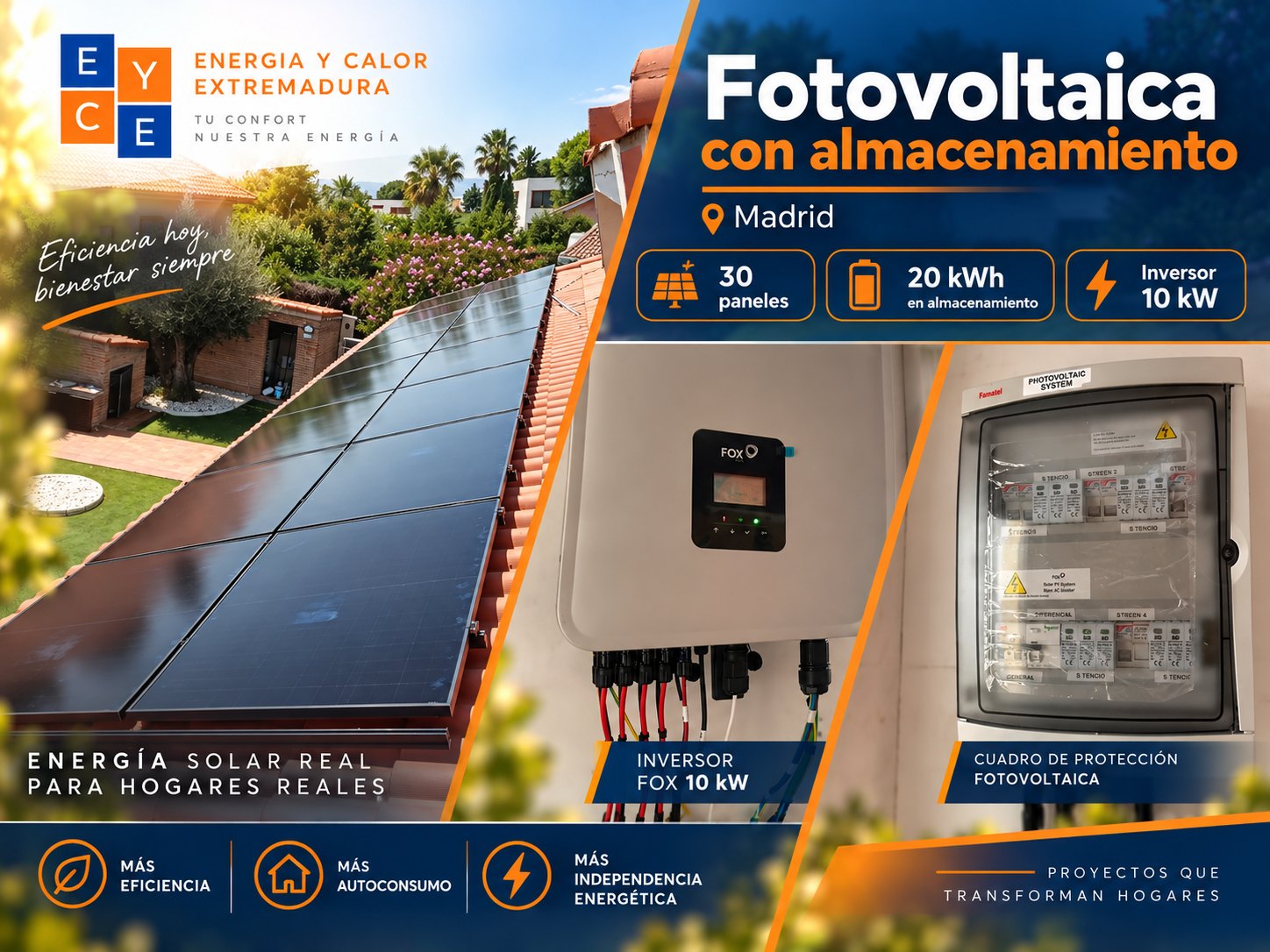 Instalación fotovoltaica con 30 paneles y 20 kWh de almacenamiento en una vivienda de Madrid — Energía y Calor Extremadura