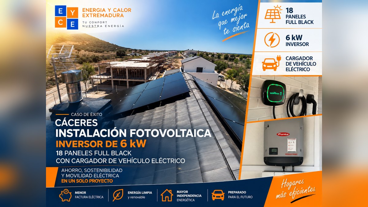 Instalación fotovoltaica en una vivienda de Cáceres con 18 paneles full black, inversor Fronius de 6 kW y cargador de vehículo eléctrico Wallbox