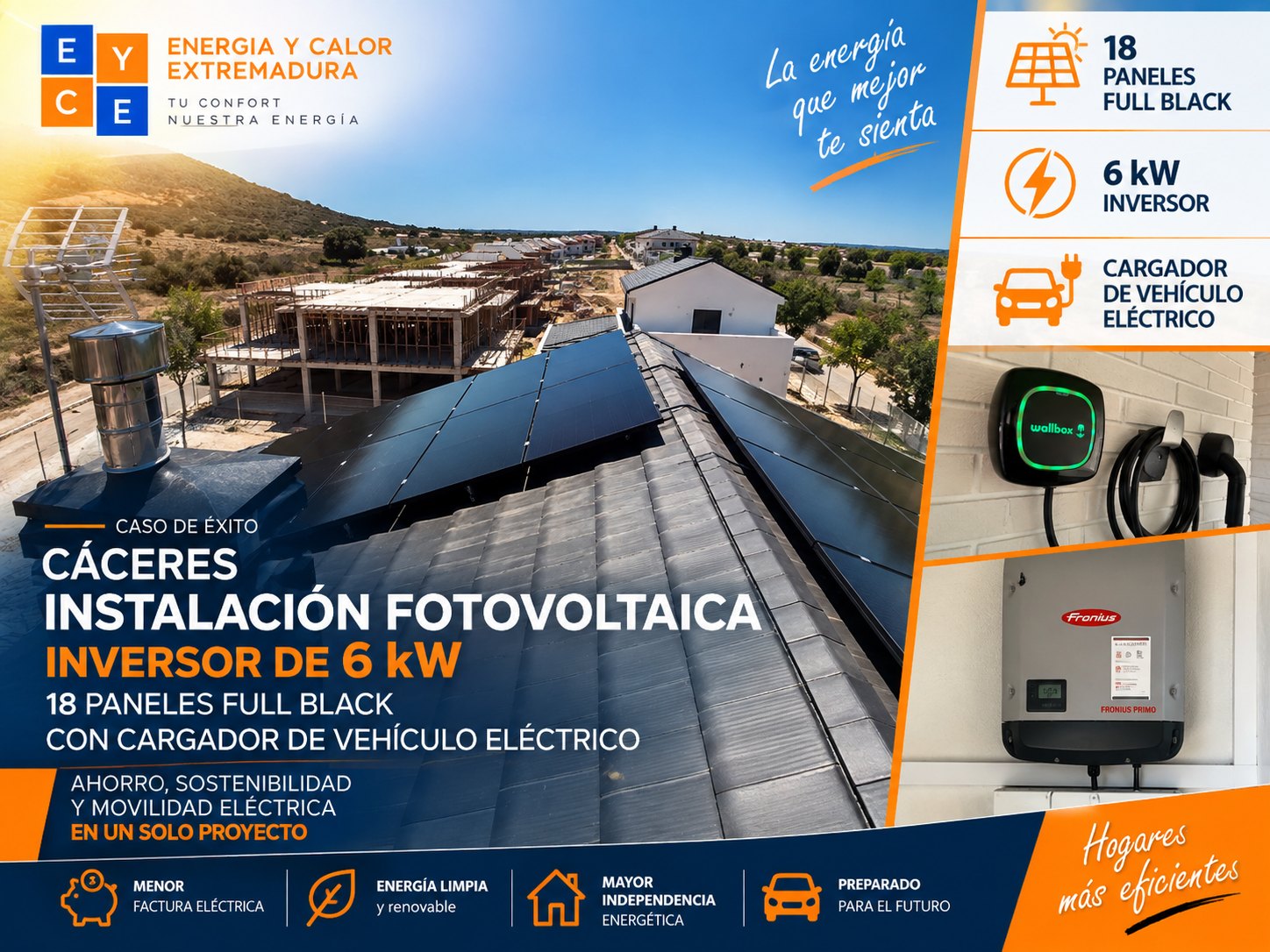 Instalación fotovoltaica en una vivienda de Cáceres con 18 paneles full black sobre cubierta inclinada, inversor Fronius Primo de 6 kW y cargador de vehículo eléctrico Wallbox