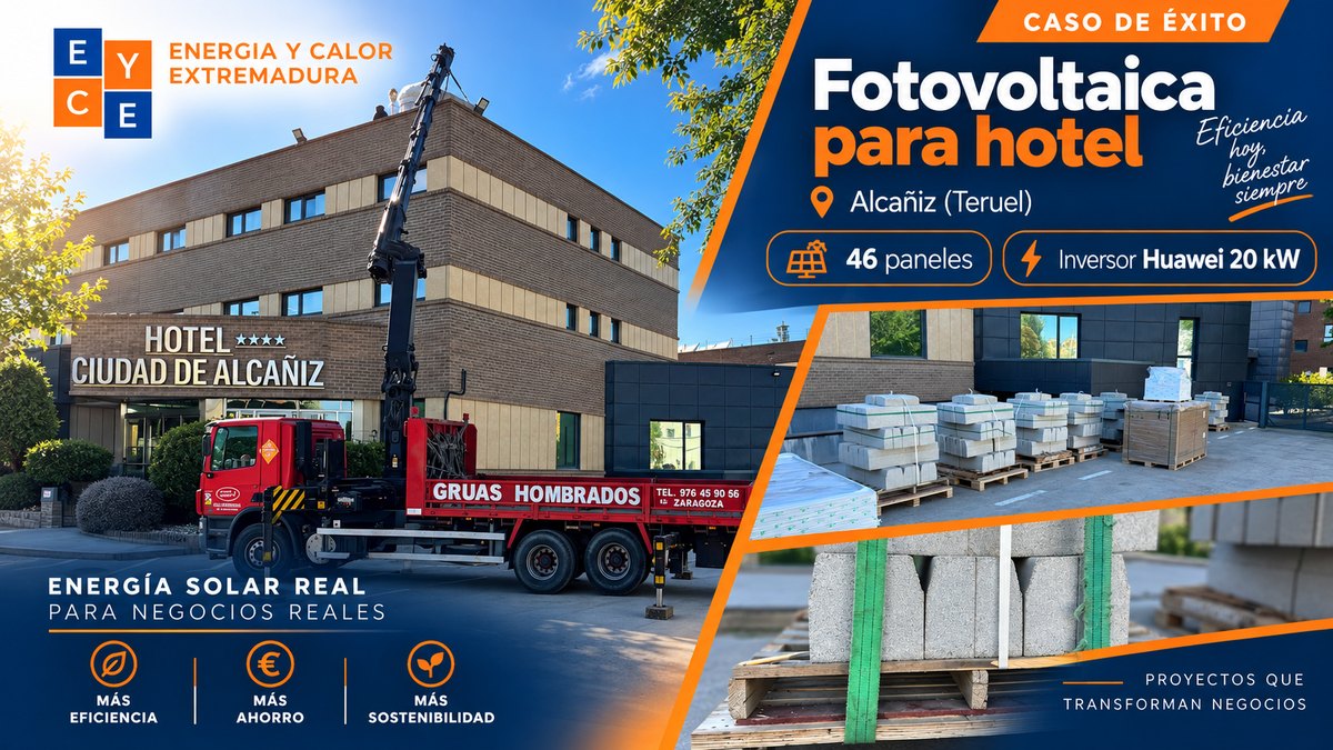 Instalación fotovoltaica en el Hotel Ciudad de Alcañiz (Teruel) con 46 paneles e inversor Huawei de 20 kW