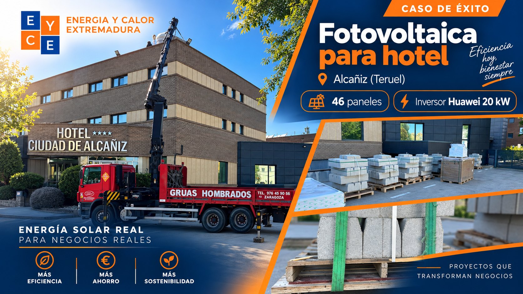 Instalación fotovoltaica en el Hotel Ciudad de Alcañiz (Teruel): camión grúa elevando material a cubierta y palés de estructura y lastres preparados para el montaje