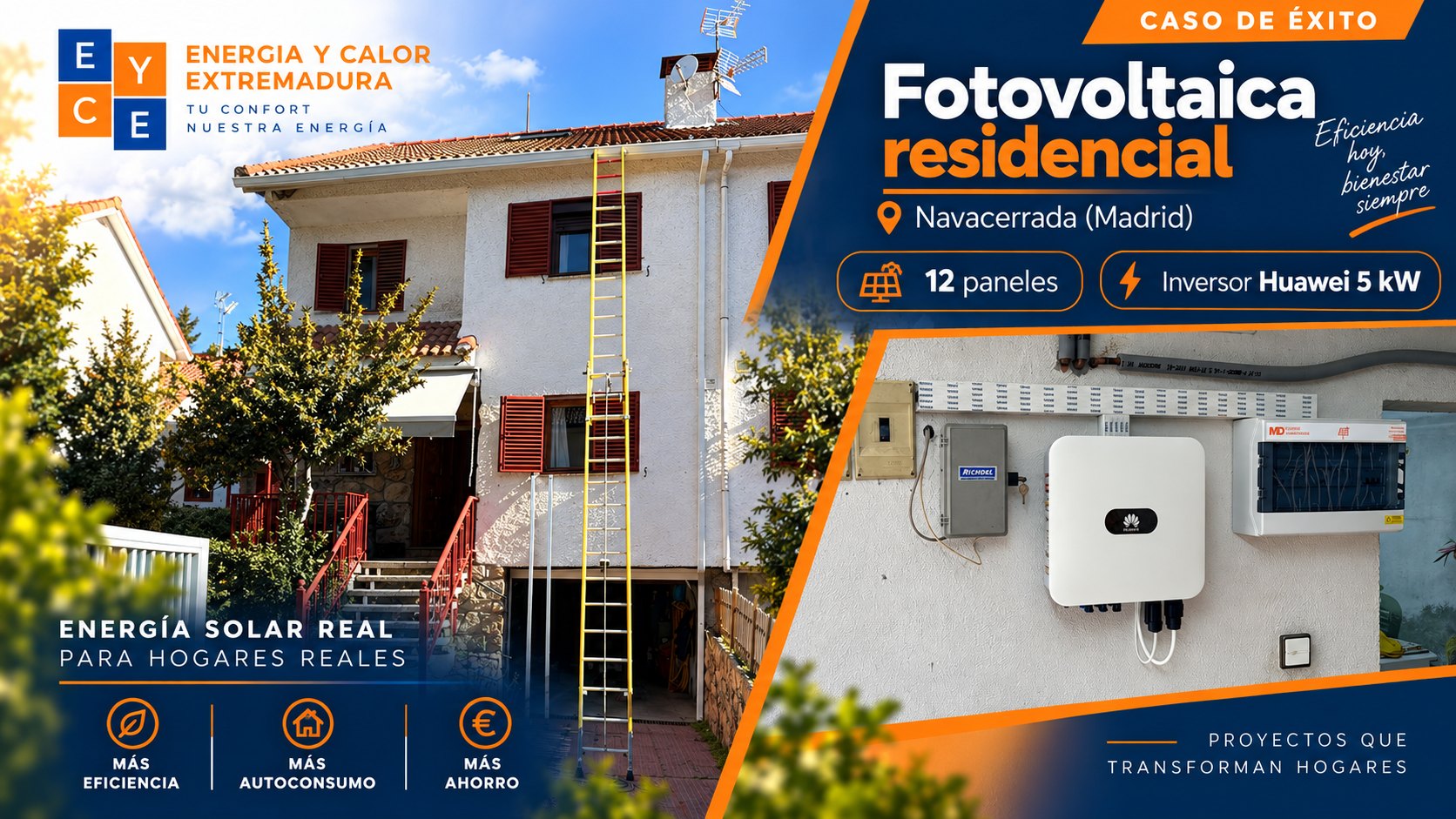 Instalación fotovoltaica en una vivienda de Navacerrada (Madrid) con 12 paneles solares e inversor Huawei de 5 kW junto al cuadro de protecciones