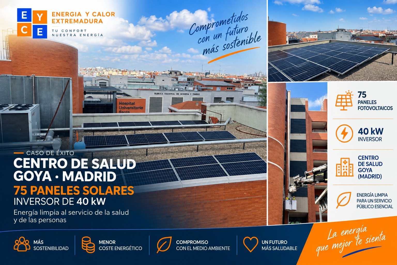 Instalación fotovoltaica sobre la cubierta del Centro de Salud Goya de Madrid, con filas de paneles solares sobre estructura y los equipos de climatización del edificio