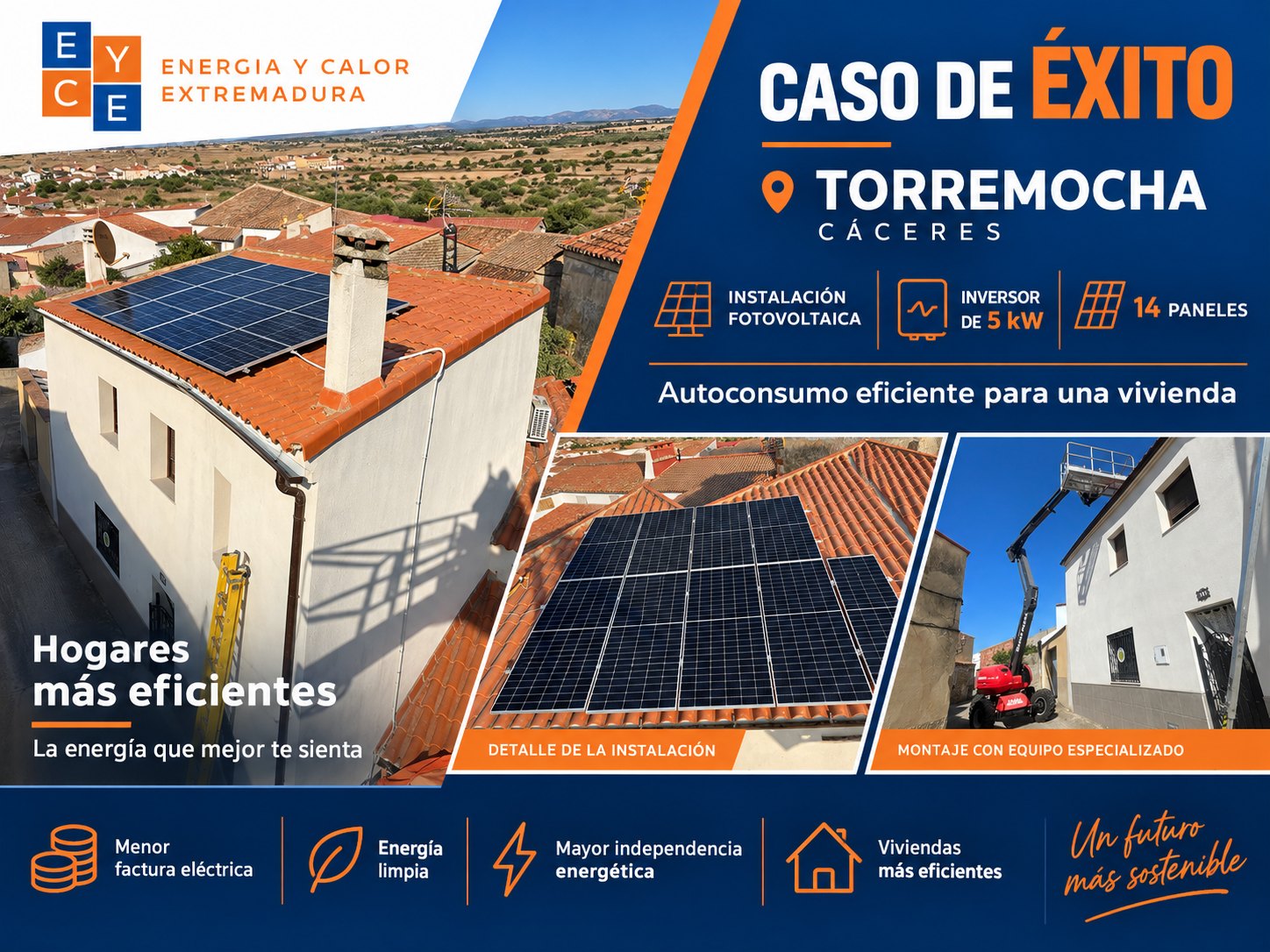 Instalación fotovoltaica de 14 paneles sobre la cubierta de teja de una vivienda de Torremocha (Cáceres), con detalle de los módulos y la plataforma elevadora empleada en el montaje