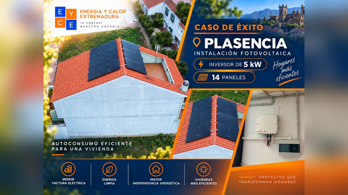Instalación fotovoltaica de 14 paneles con inversor de 5 kW en la cubierta de una vivienda de Plasencia