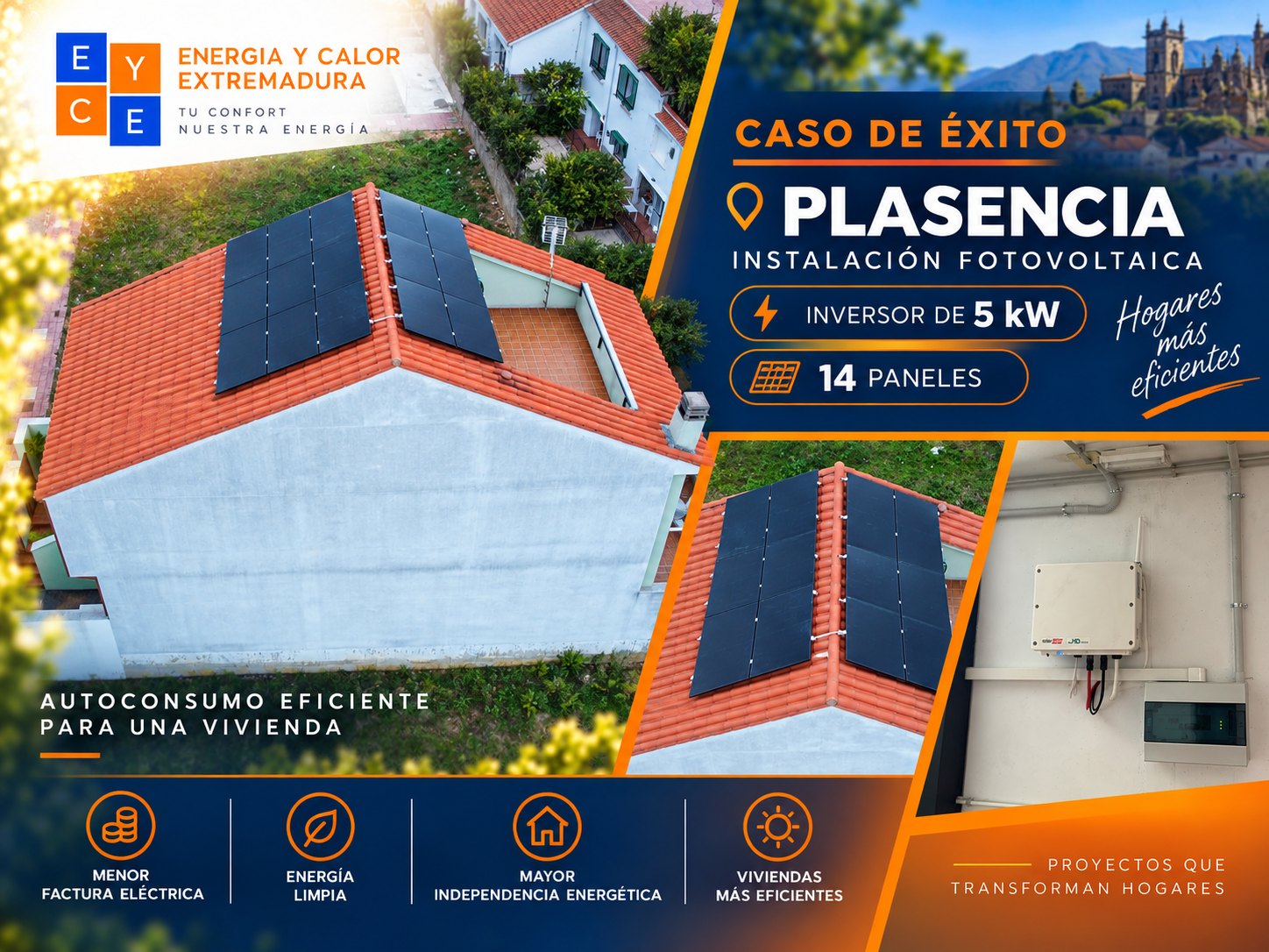 Instalación fotovoltaica en una vivienda de Plasencia con 14 paneles solares repartidos entre dos vertientes de la cubierta inclinada, en vista aérea
