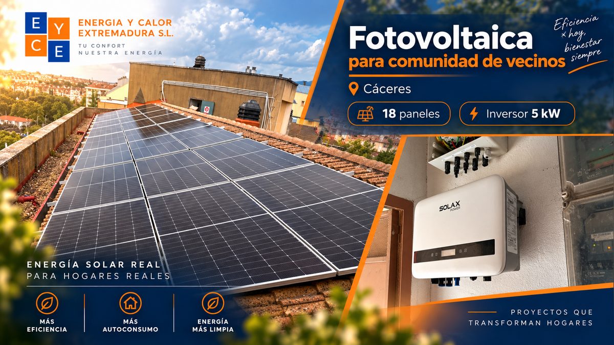 Instalación fotovoltaica con 18 paneles en la cubierta de una comunidad de vecinos de Cáceres