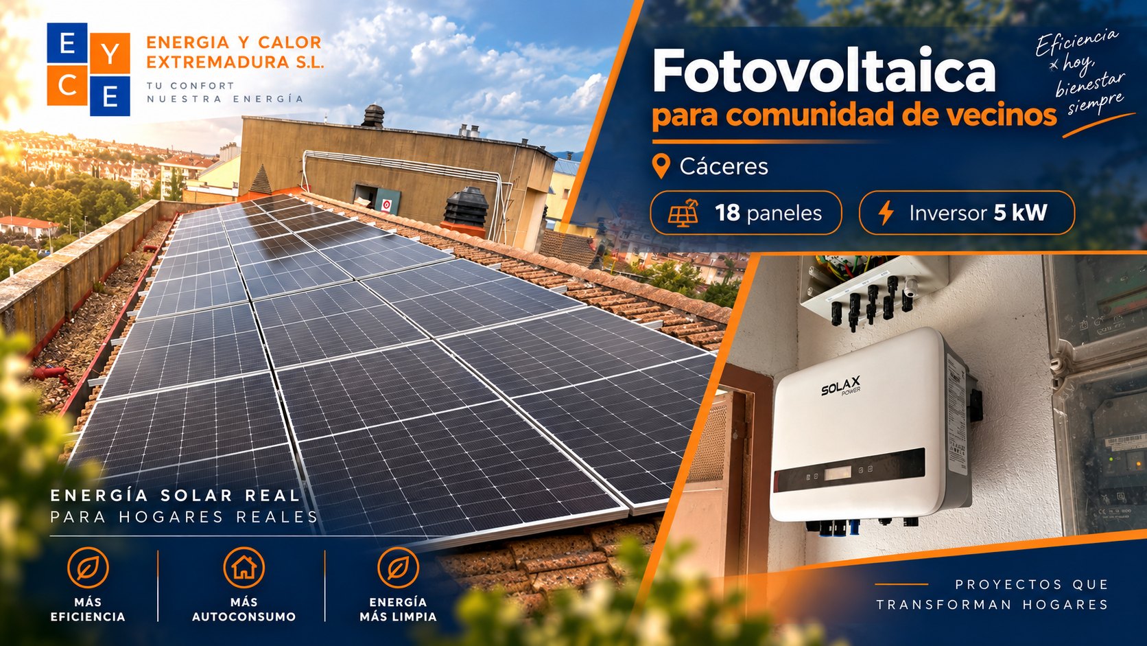 Instalación fotovoltaica con 18 paneles en la cubierta de una comunidad de vecinos de Cáceres — Energía y Calor Extremadura