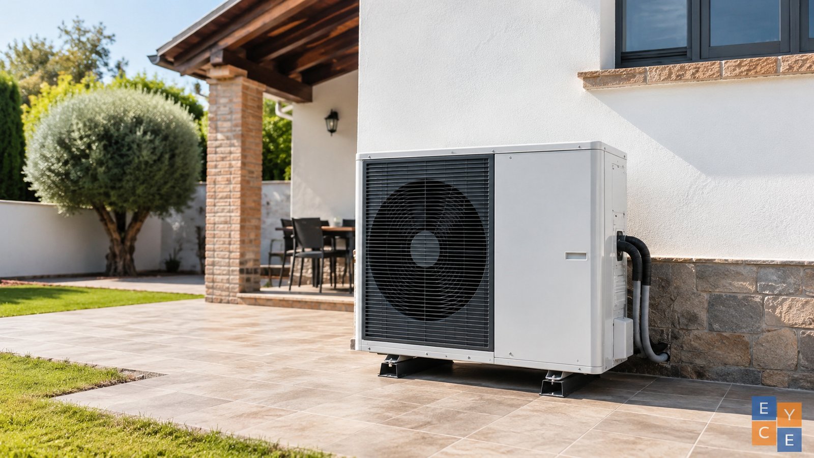 Unidad exterior de bomba de calor aerotérmica instalada en vivienda en Badajoz