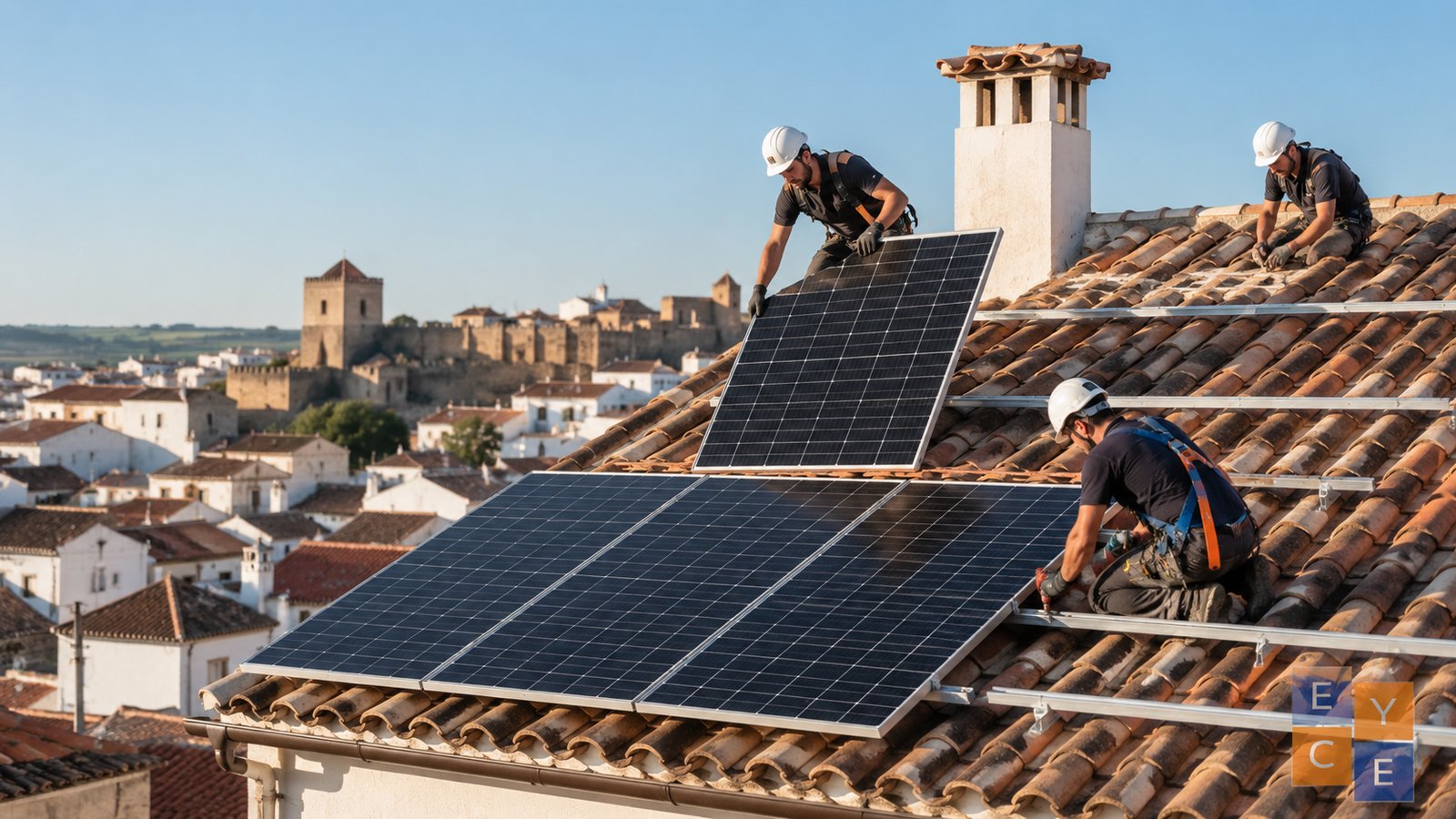 Técnicos instalando placas solares en tejado de vivienda en Badajoz