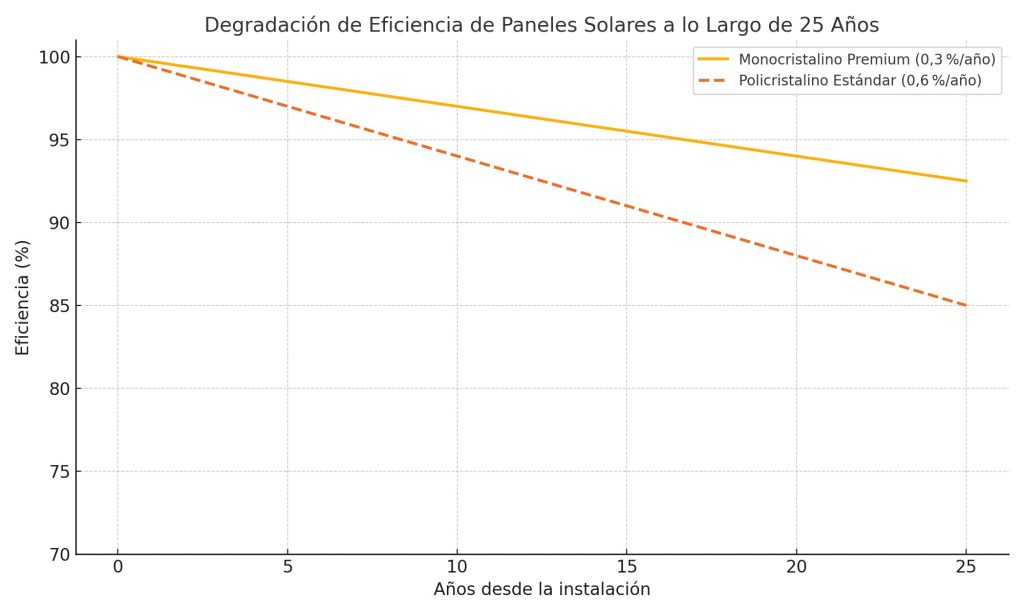 Comparativa de perdida de eficiencia con el tiempo de los paneles solares