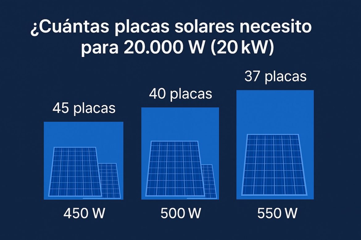 ¿Cuántas placas solares necesito para 20.000 W (20 kW)?